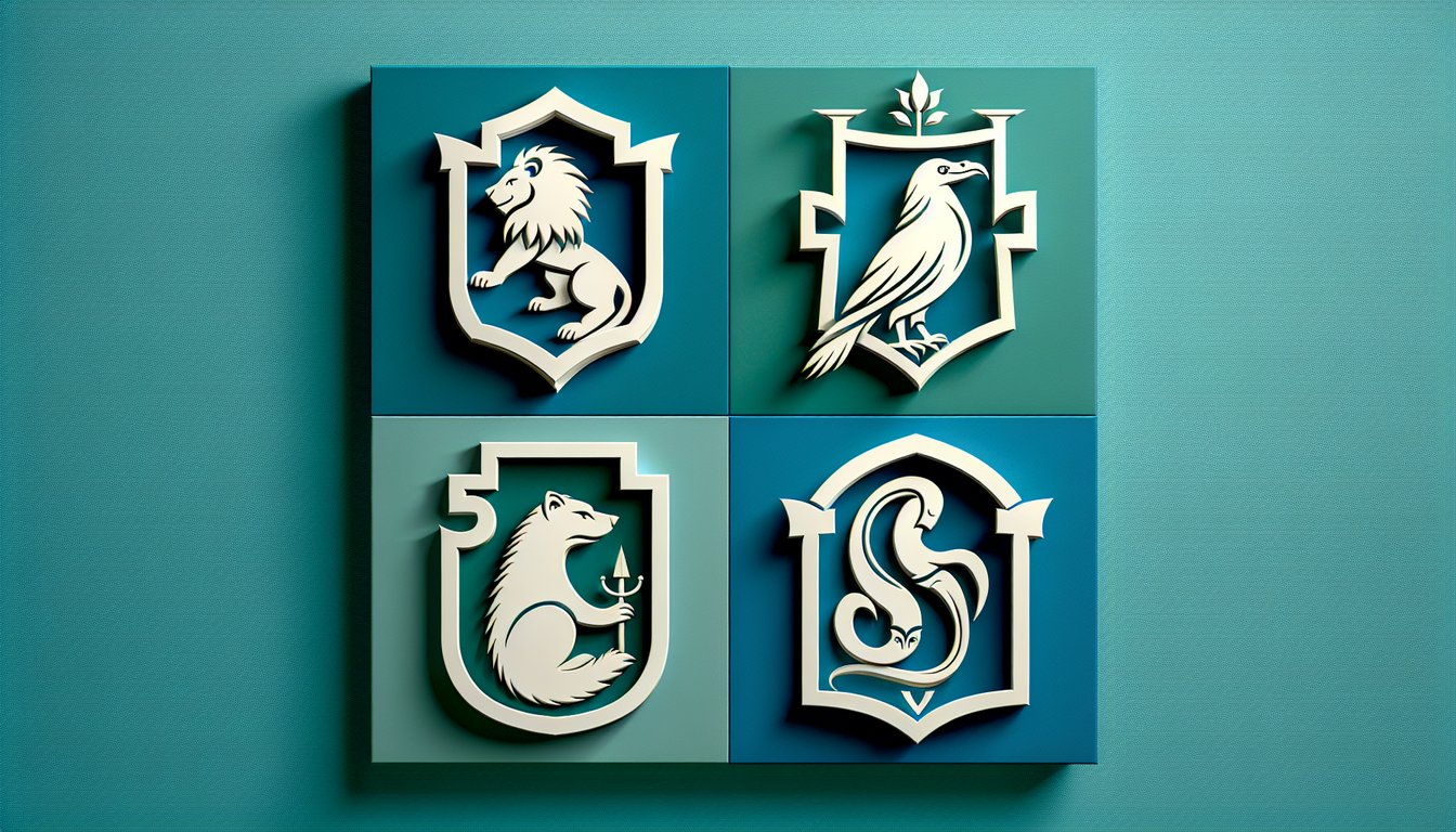 paper art style lion snake eagle badger crests and wizard hat on teal background quiz for kids house test