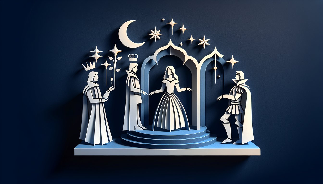 Paper art scene of Romeo and Juliet figures and Prince Escalus on dark blue background promoting character quiz