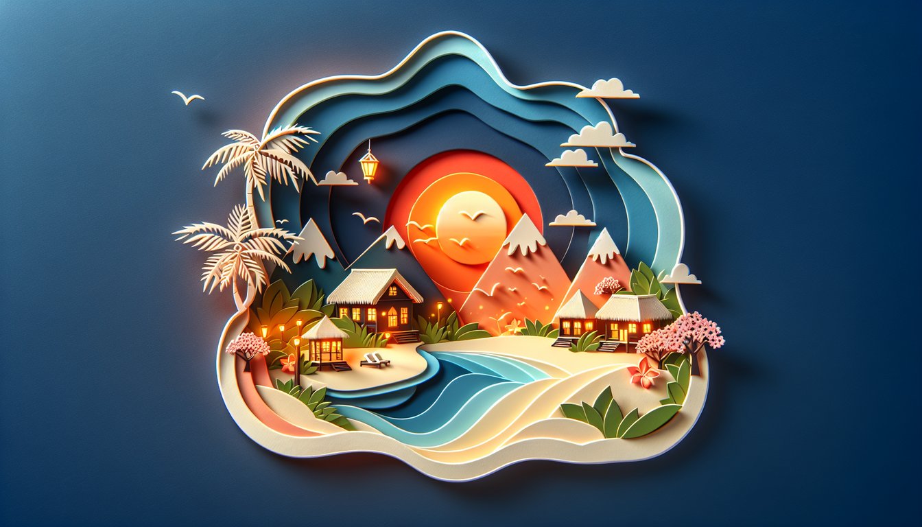 Paper art hearts waves palm trees map on dark blue background promoting a free honeymoon destination quiz.
