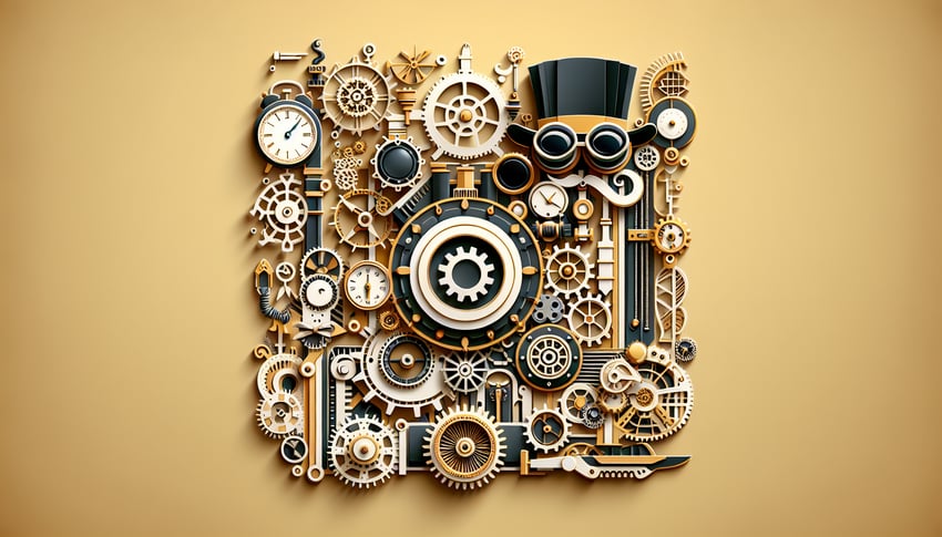 Steampunk-themed paper art illustration for a name generator quiz on a golden yellow background.