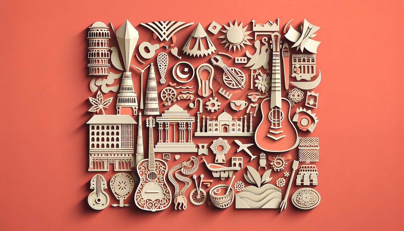 Paper art illustration for South Asian trivia quiz on coral background