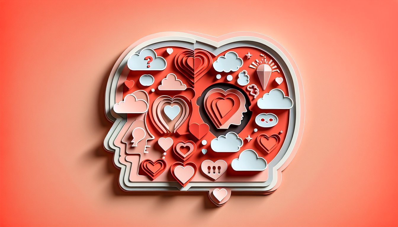 Paper art hearts and quiz text how much you miss me free personality quiz on coral background