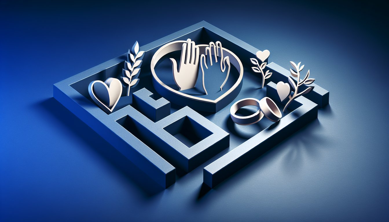 Paper art illustration of a torn heart and wedding ring on dark blue background symbolizing relationship dilemma