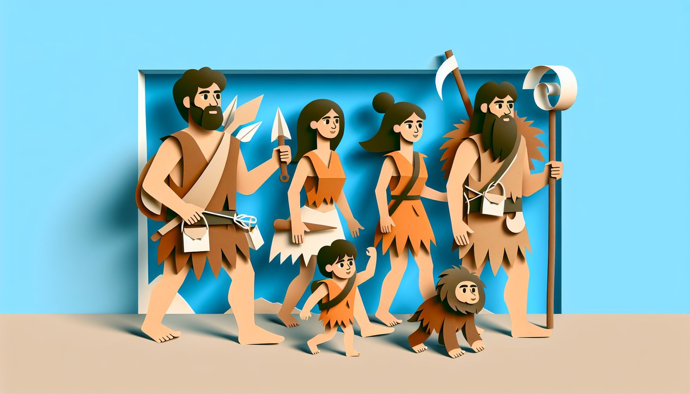 Paper art illustration of Croods characters on sky blue background free personality quiz matching adventurous spirit