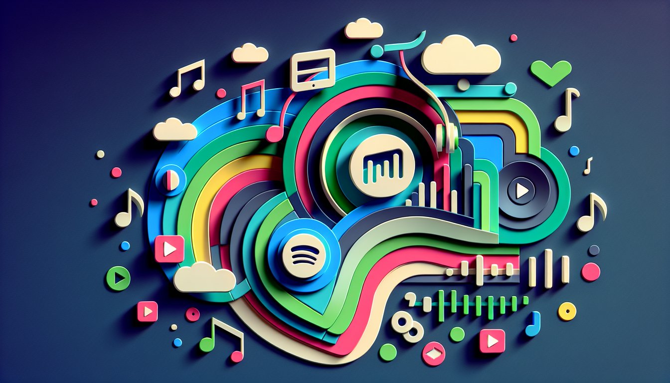 Paper art illustration for a Spotify habits quiz with personalized tips on a dark blue background
