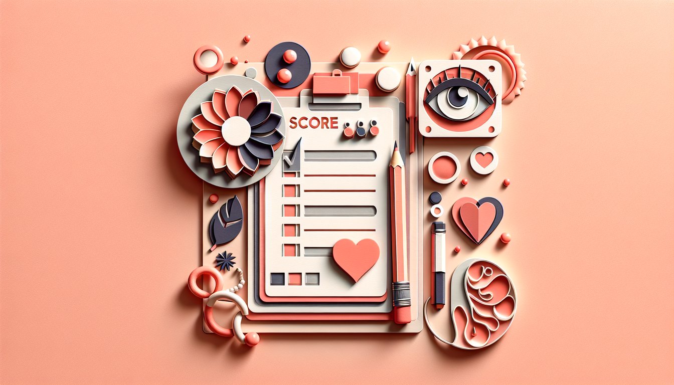 Paper art illustration of a smiling girl surrounded by style trait and quiz icons on coral background
