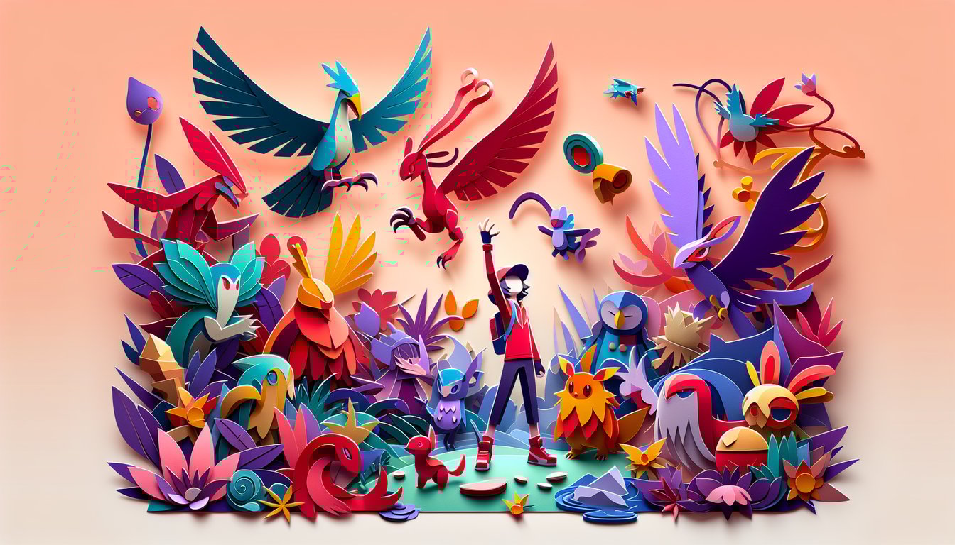 Paper art illustration for free Pokemon Scarlet Lacey quiz with Scarlet and Violet elements on coral background