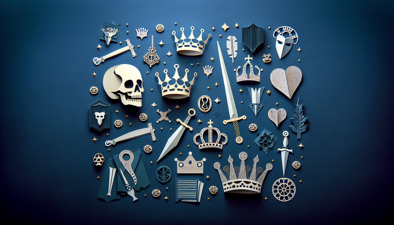 Colorful paper art promoting Hamlet Exam Challenge, a trivia quiz for high school literature students.