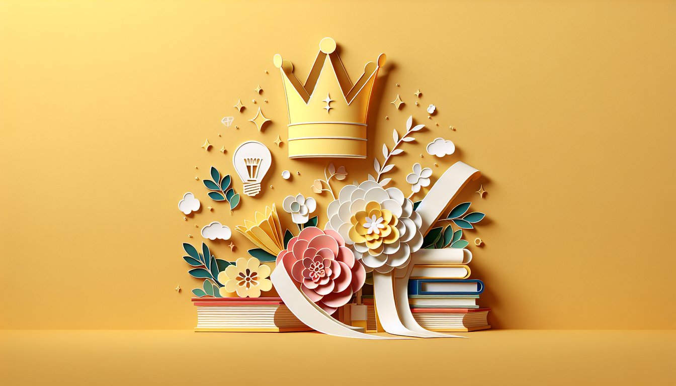 Paper art illustration contestants in gowns and crowns holding sashes on golden yellow background for pageant quiz