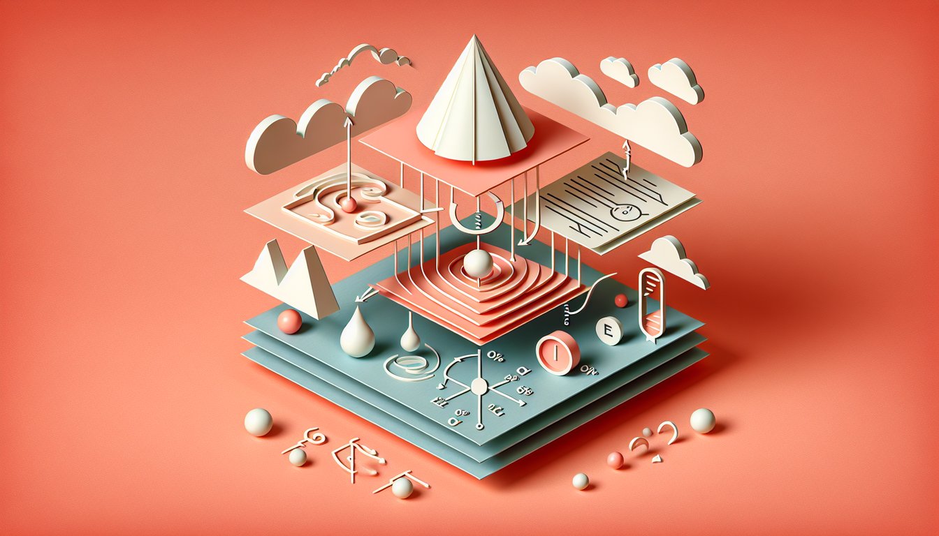 Paper art scales test tubes arrows showing equilibrium shifts with concentration, pressure, volume on coral background