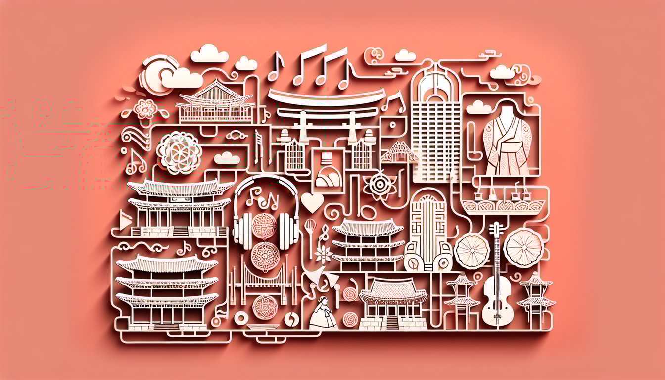 Paper art illustration of Korean landmarks, K-pop icons, cultural symbols and quiz theme on coral background.