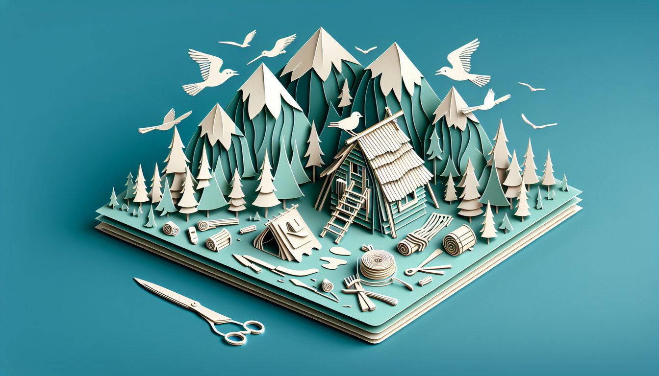 paper art scene shows hatchet stuck in ground near makeshift shelter birds flying over teal background survival quiz theme