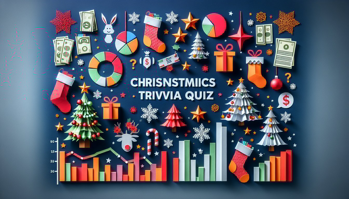 Colorful paper art promoting a Christmas Economics Trivia Quiz.