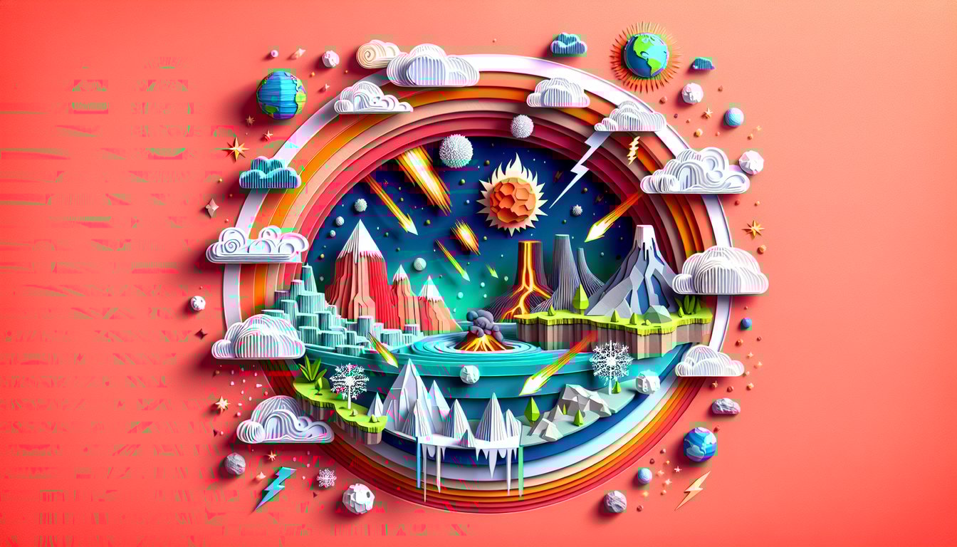 coral background paper art illustration layered earth science symbols mountains, clouds, raindrops, sun, quiz title banner