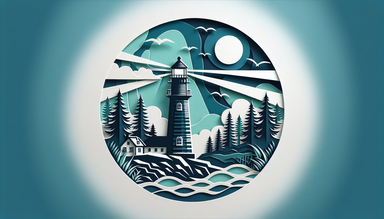 Paper art illustration for Maine trivia quiz showing lighthouse, lobster, pine tree, map icons on teal background