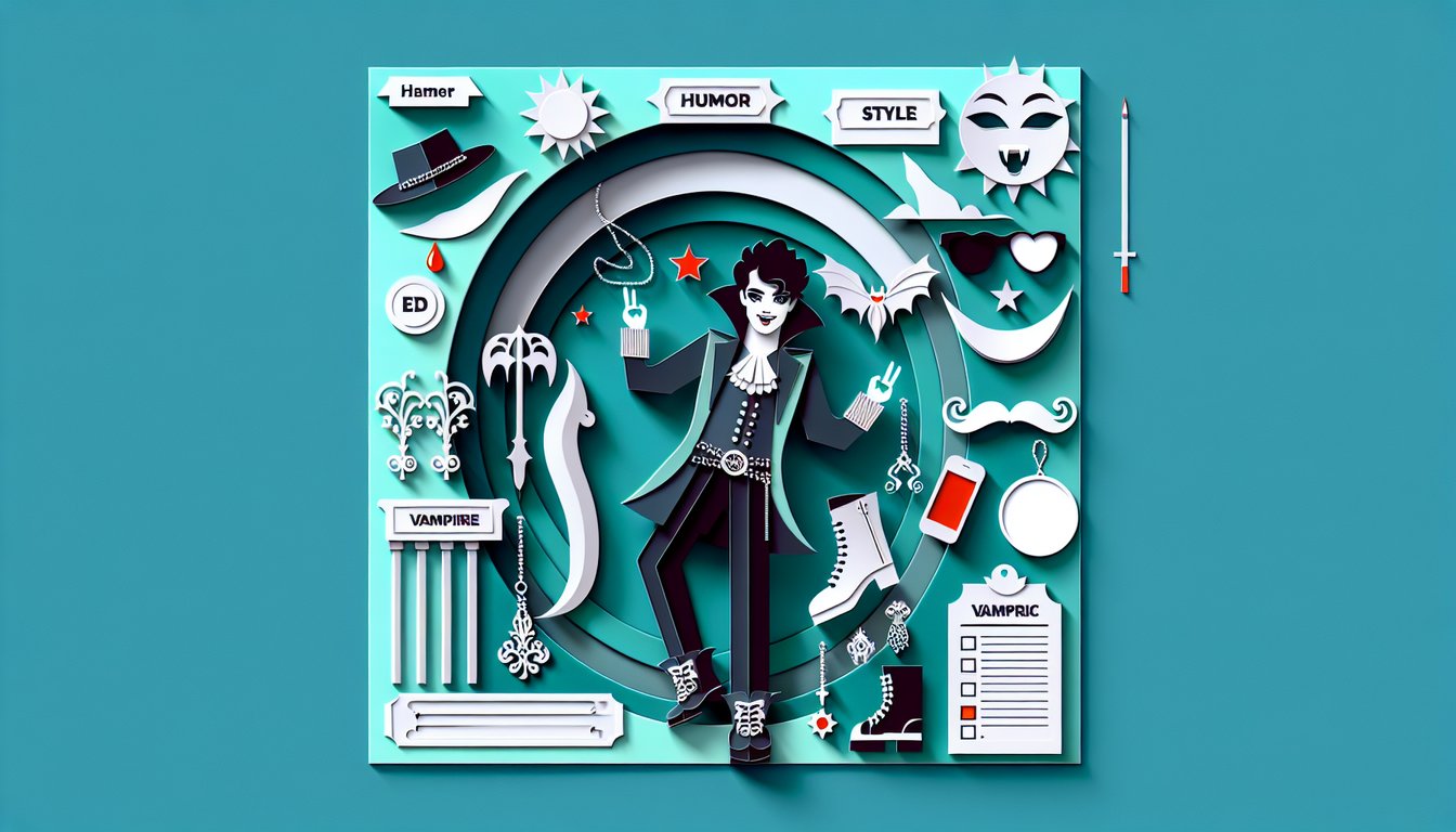Paper art illustration of vampire silhouettes and fun icons representing humor style and vampiric soul on teal background