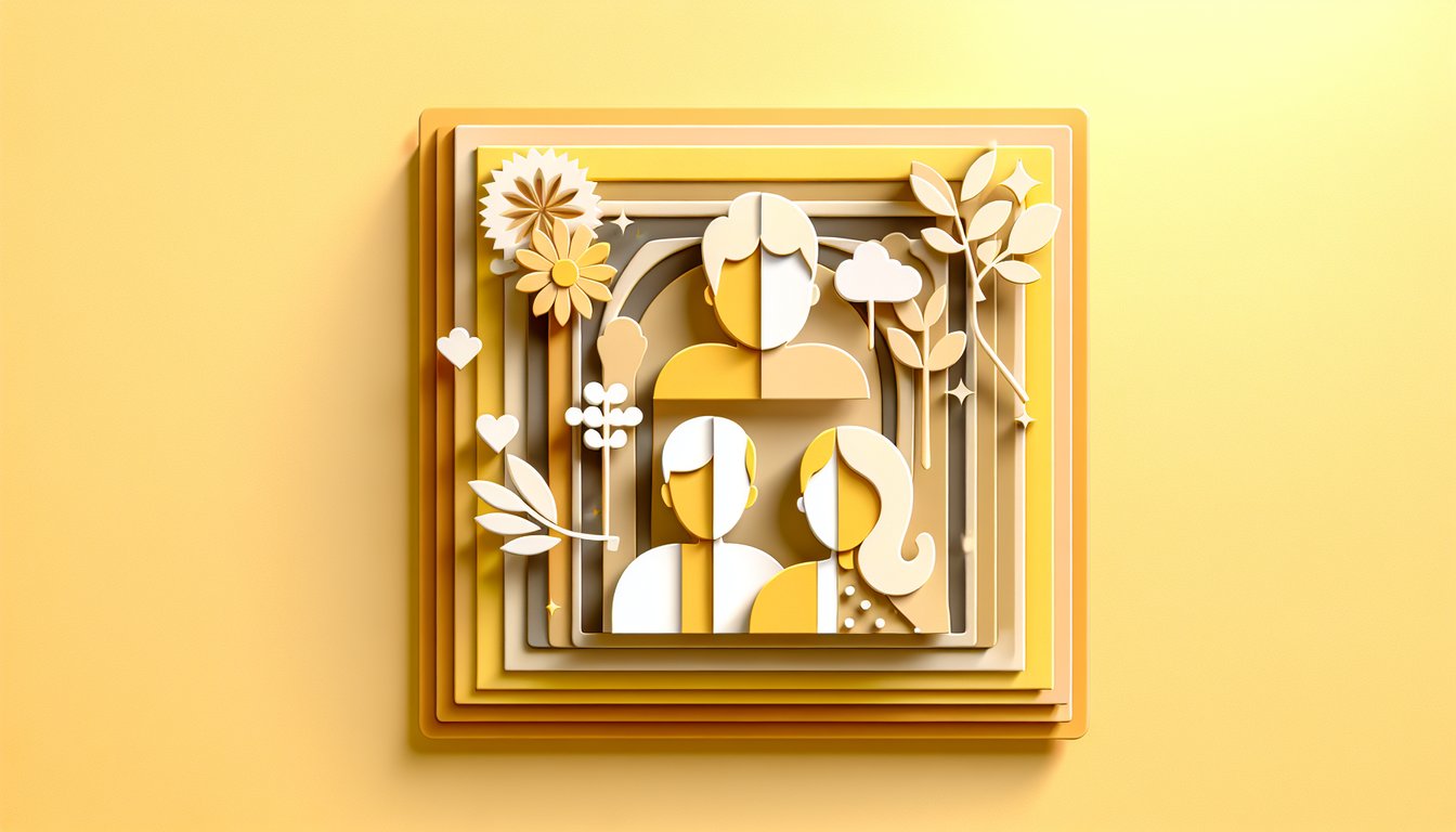 Paper art personality quiz How Old Do I Act featuring characters on a golden yellow background.