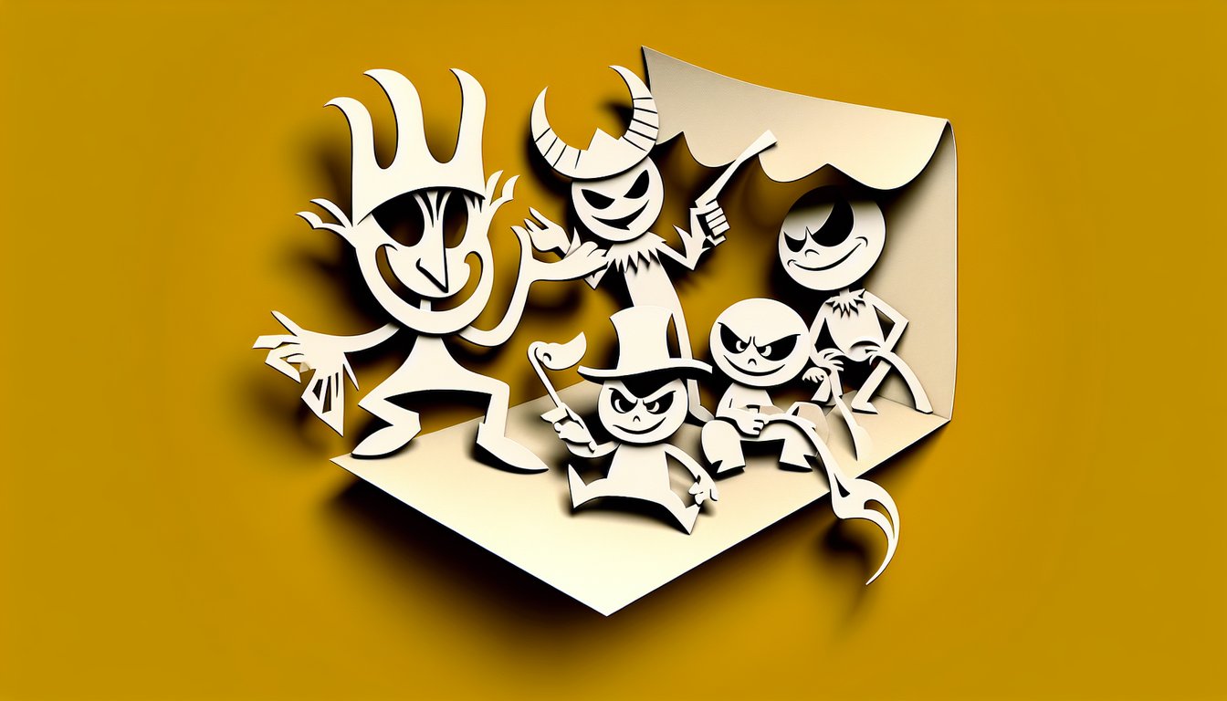 Paper art illustration for a wicked personality test quiz on a golden yellow background