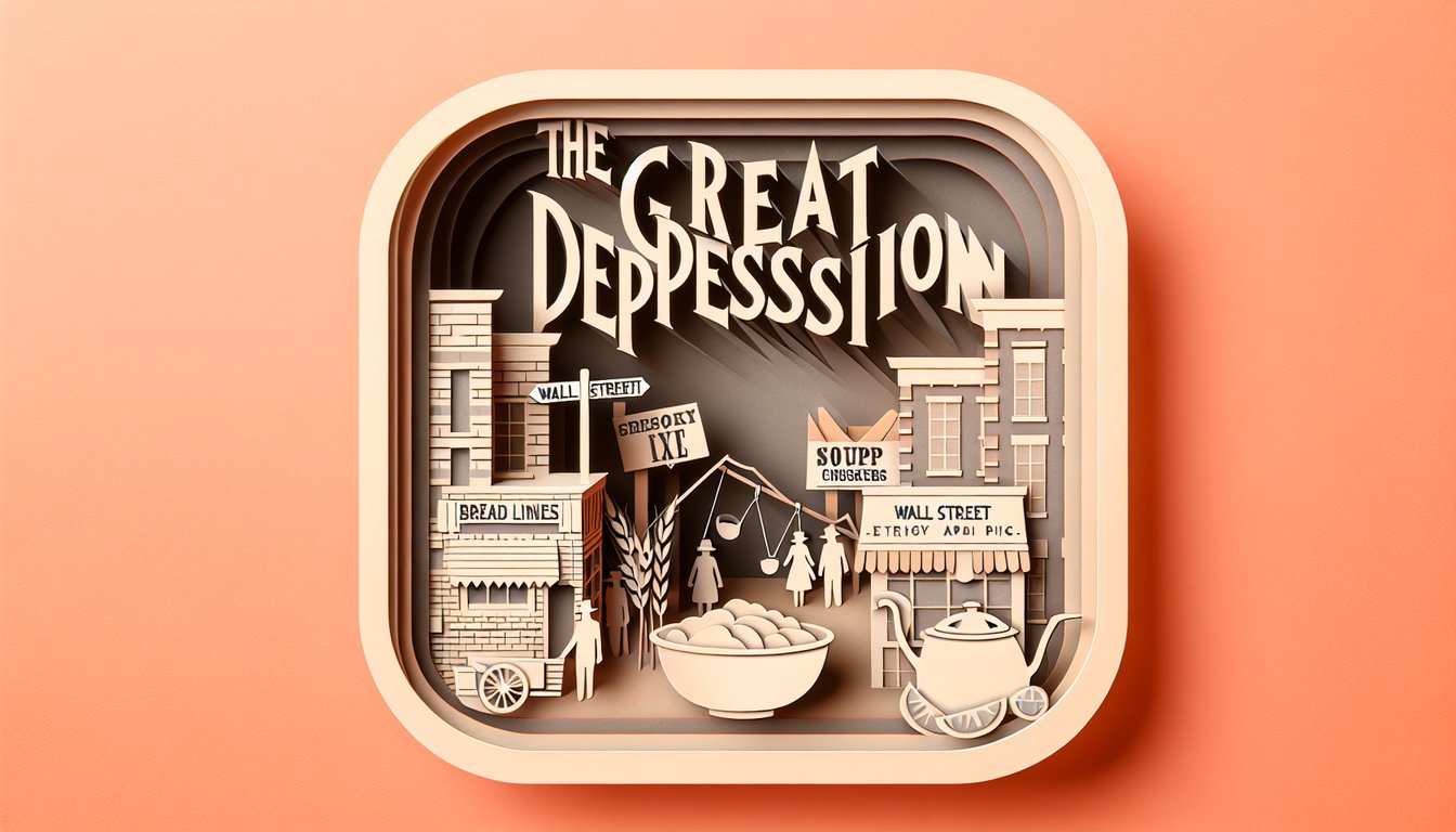paper art layers of ledger pages coins falling graphs and cracked earth on coral background for Great Depression quiz