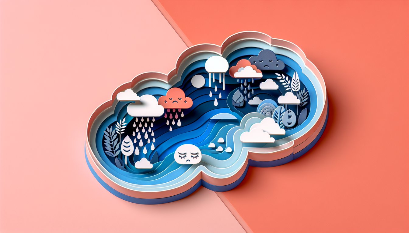 Paper art heart droplets and text shapes on coral background for am i sad mood quiz exploring blues and deeper feelings