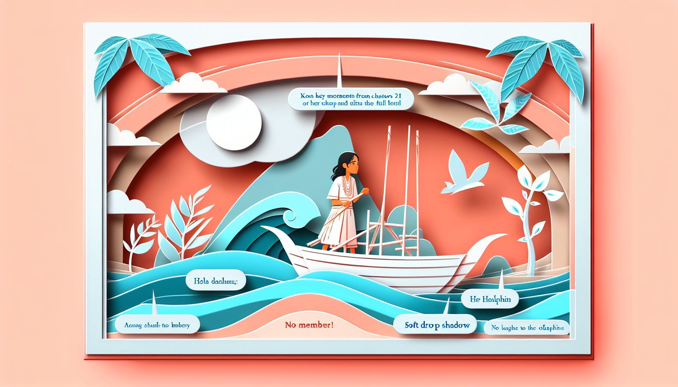 Paper art of girl standing on rocky shore facing sea with dolphin silhouette coral background