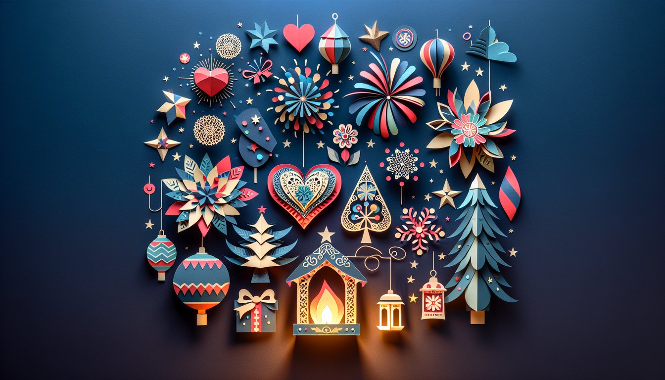 Colorful paper art depicting various global holiday symbols for World Holidays Trivia Quiz