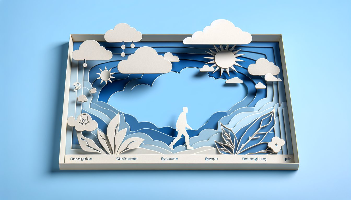 Paper art style layered shapes and text inviting take free cPTSD quiz on sky blue background