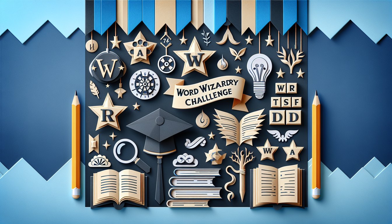 Colorful paper art promoting the Word Wizardry Challenge, a language arts quiz for middle schoolers.