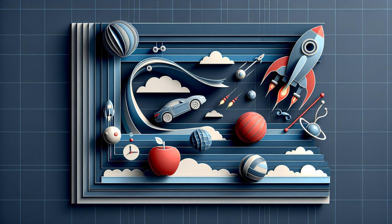 Paper art quiz layout with arrows representing inertia gravity acceleration velocity on dark blue background