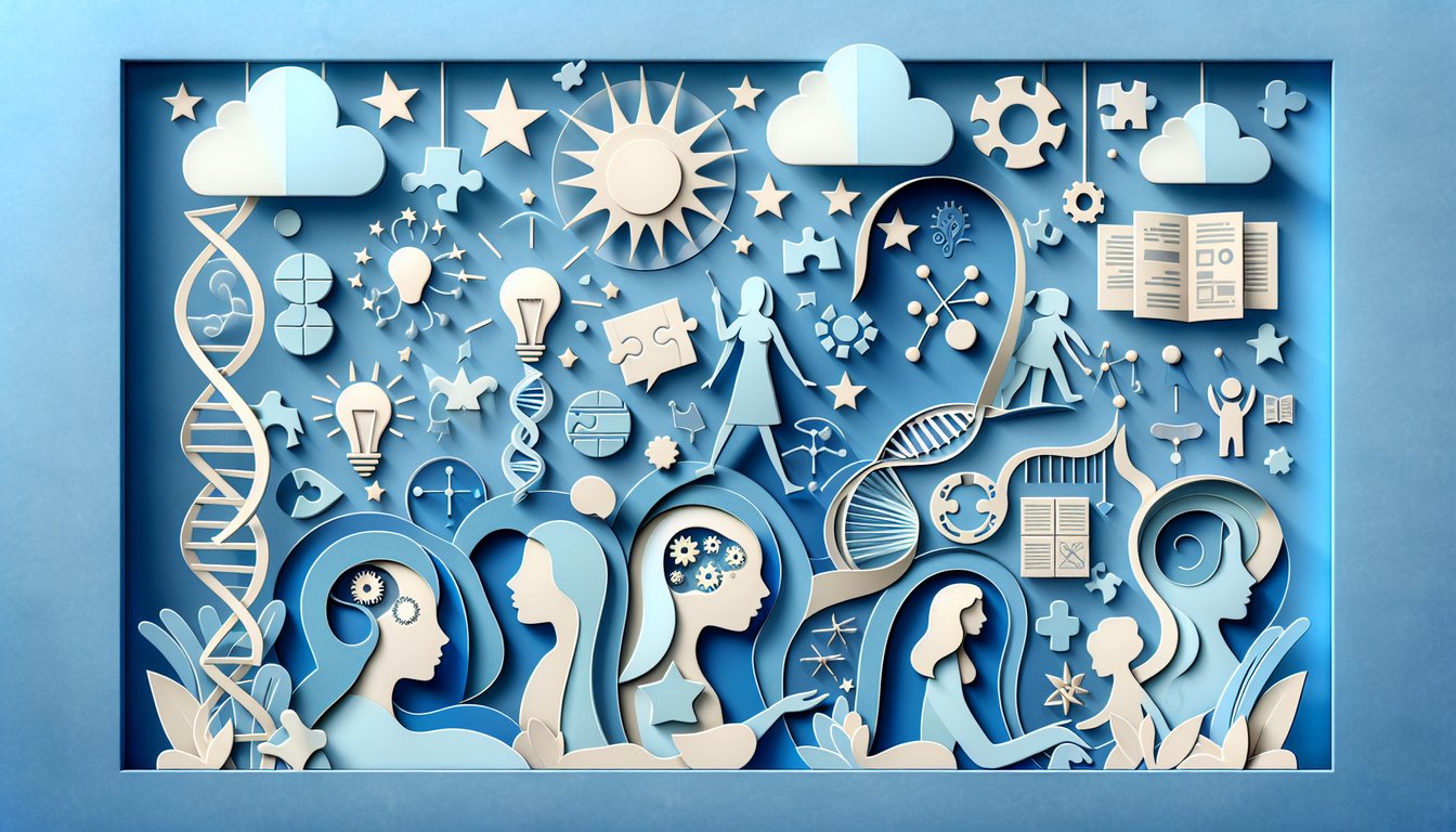 Paper art illustration for autism traits quiz on a sky blue background
