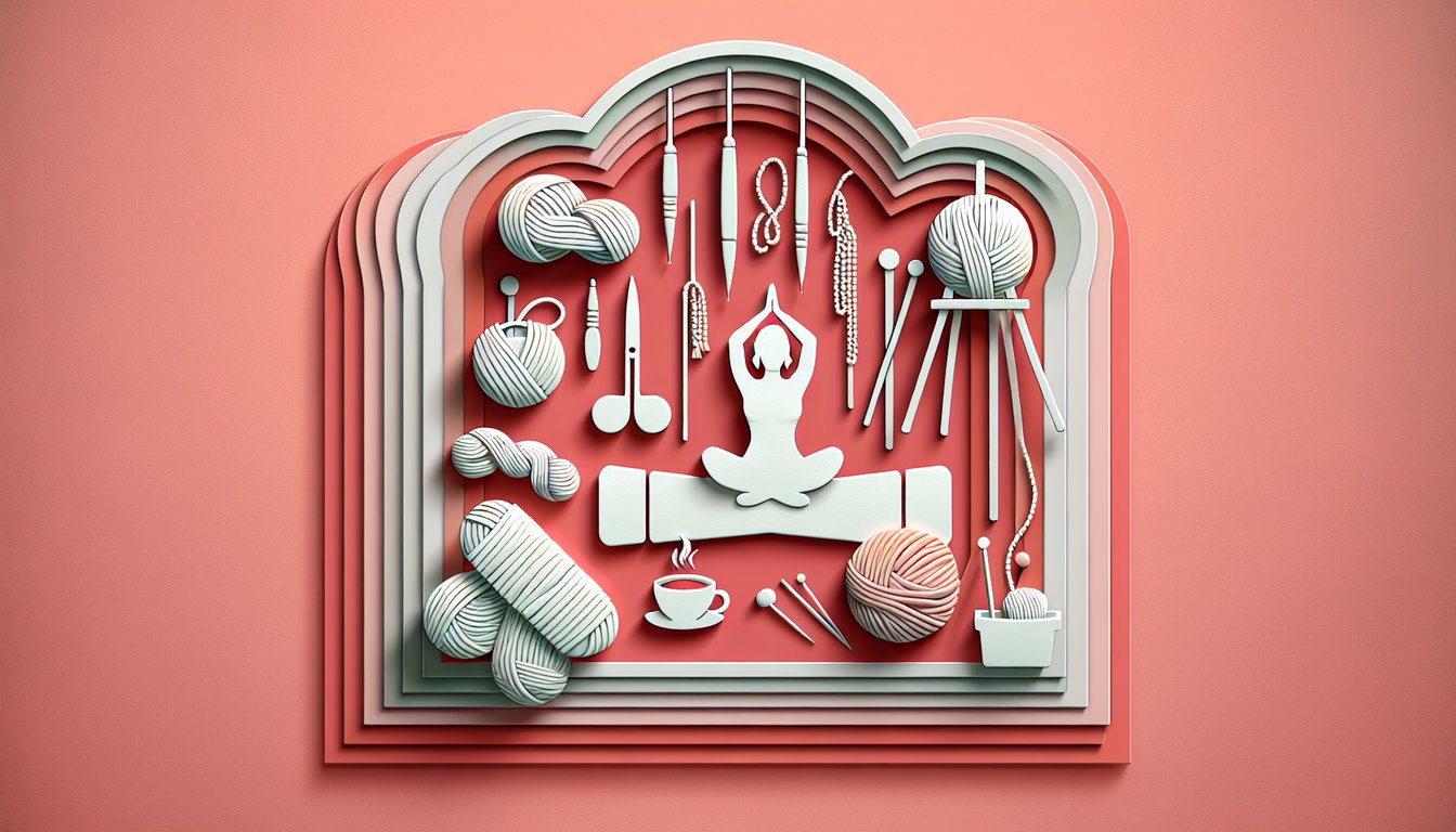 Paper art collage with yoga pose, paintbrush, crafting scissors on coral background for relaxation quiz.