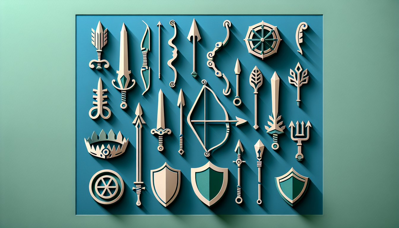 Paper cut illustration of swords axes shields and bows on teal background promoting a quiz to reveal your signature weapon