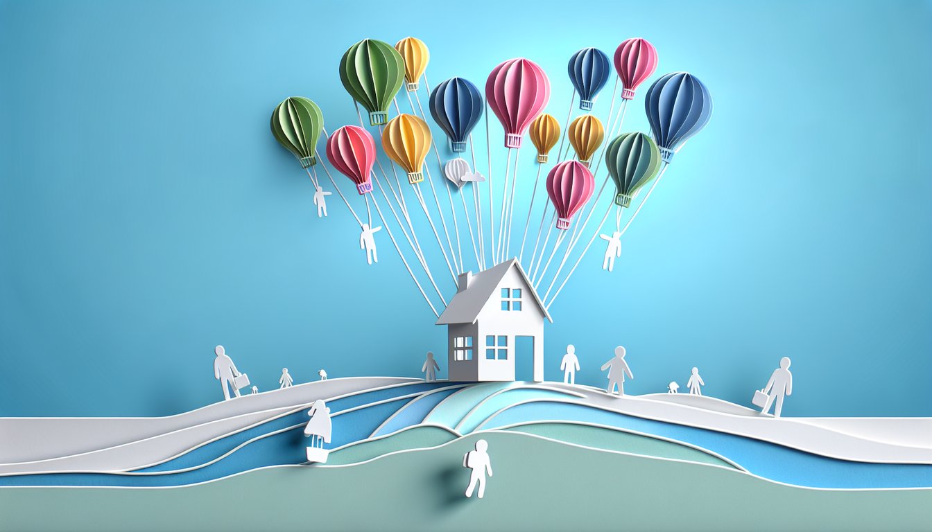 Paper art illustration featuring Carl Russell and Dug from Up with colorful balloons on a sky blue background