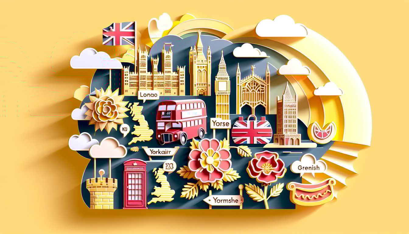 Colorful paper art illustrating a dialect quiz on a golden yellow background