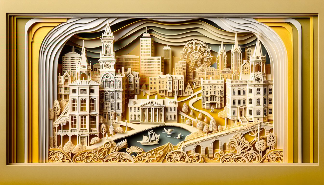 Boston trivia quiz paper art illustration on a golden yellow background