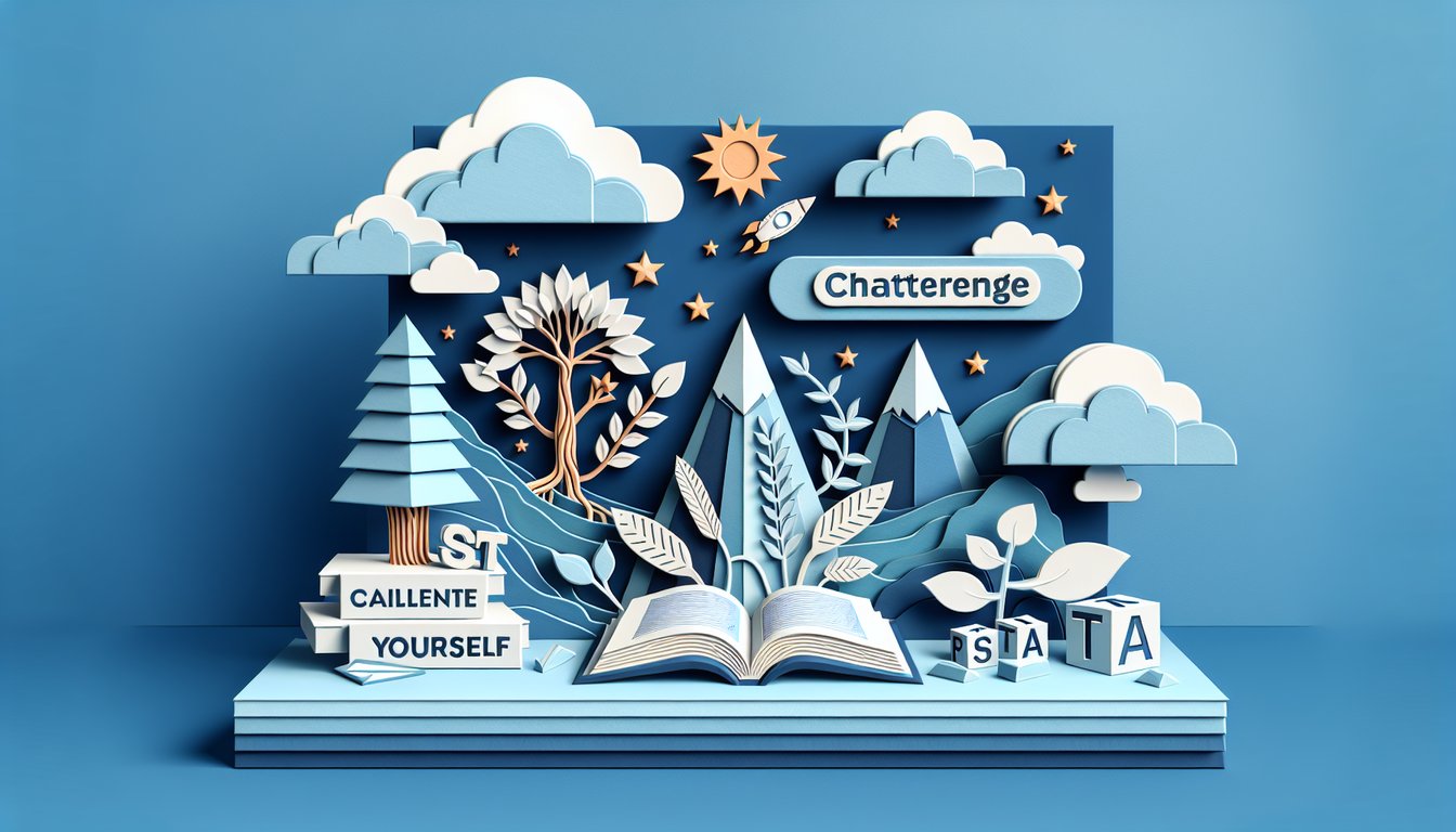 Paper art style illustration featuring Latin root quiz elements and playful typography on sky blue background.
