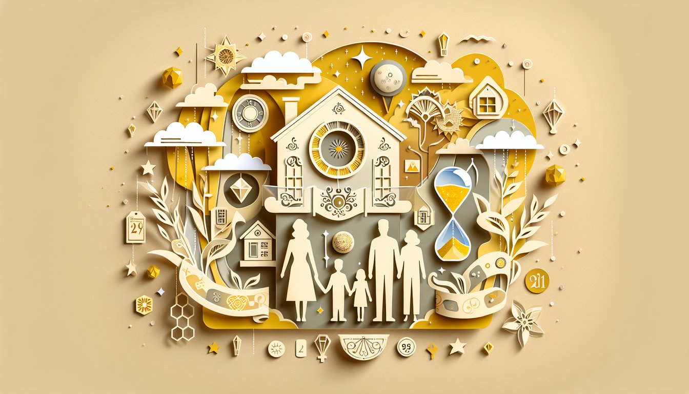 Paper art style family scene with future spouse kids house icons on golden yellow background for prediction quiz