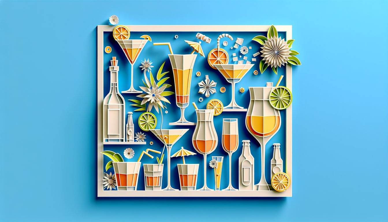 Paper art style cocktails shakers bottles and quiz icons on sky blue background inviting alcohol trivia challenge