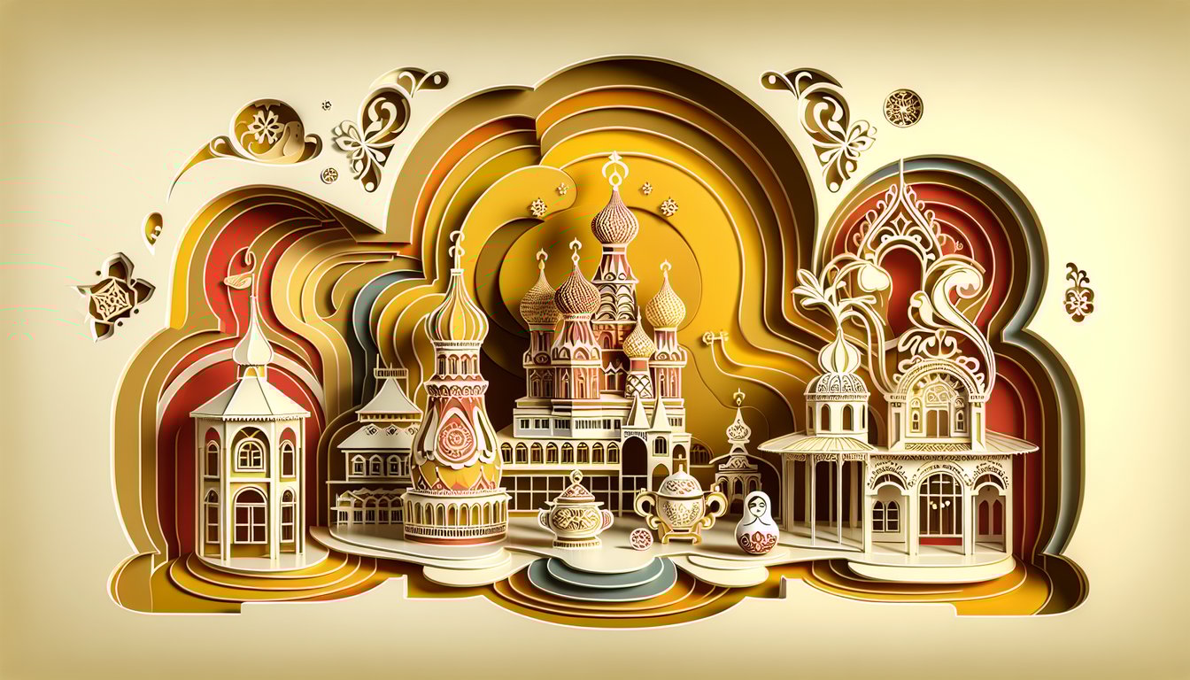 Paper art illustration for Russian beauty standards quiz on a golden yellow background
