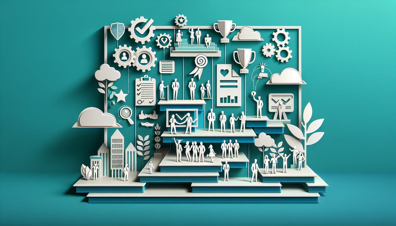 Paper art illustration of free employee trivia quiz on workplace satisfaction on teal background