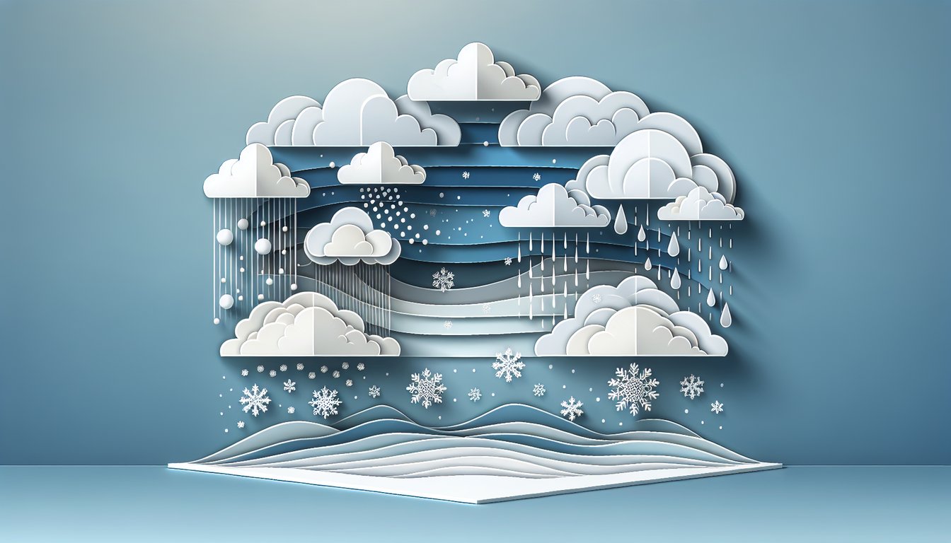 Paper art layers of clouds sun raindrops on sky blue background for cloud types quiz and precipitation exploration