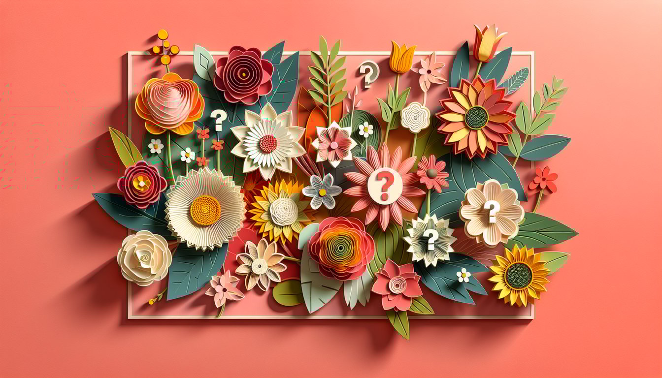 Paper art floral cutouts framing quiz text asking what flower matches your personality on coral background