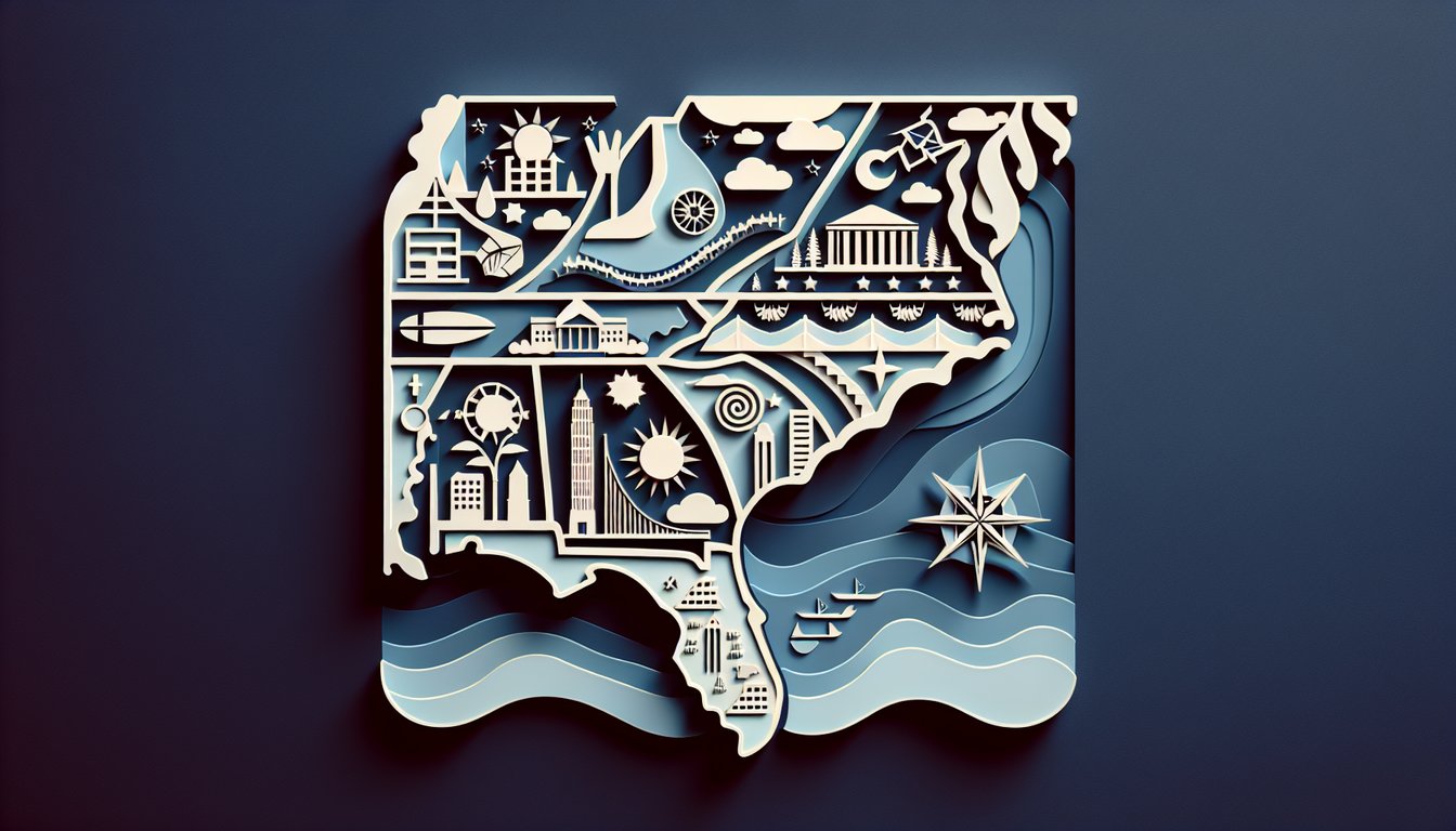 Paper art map of Southeast US with labeled states and Capitol dome icons on dark blue background for capitals quiz