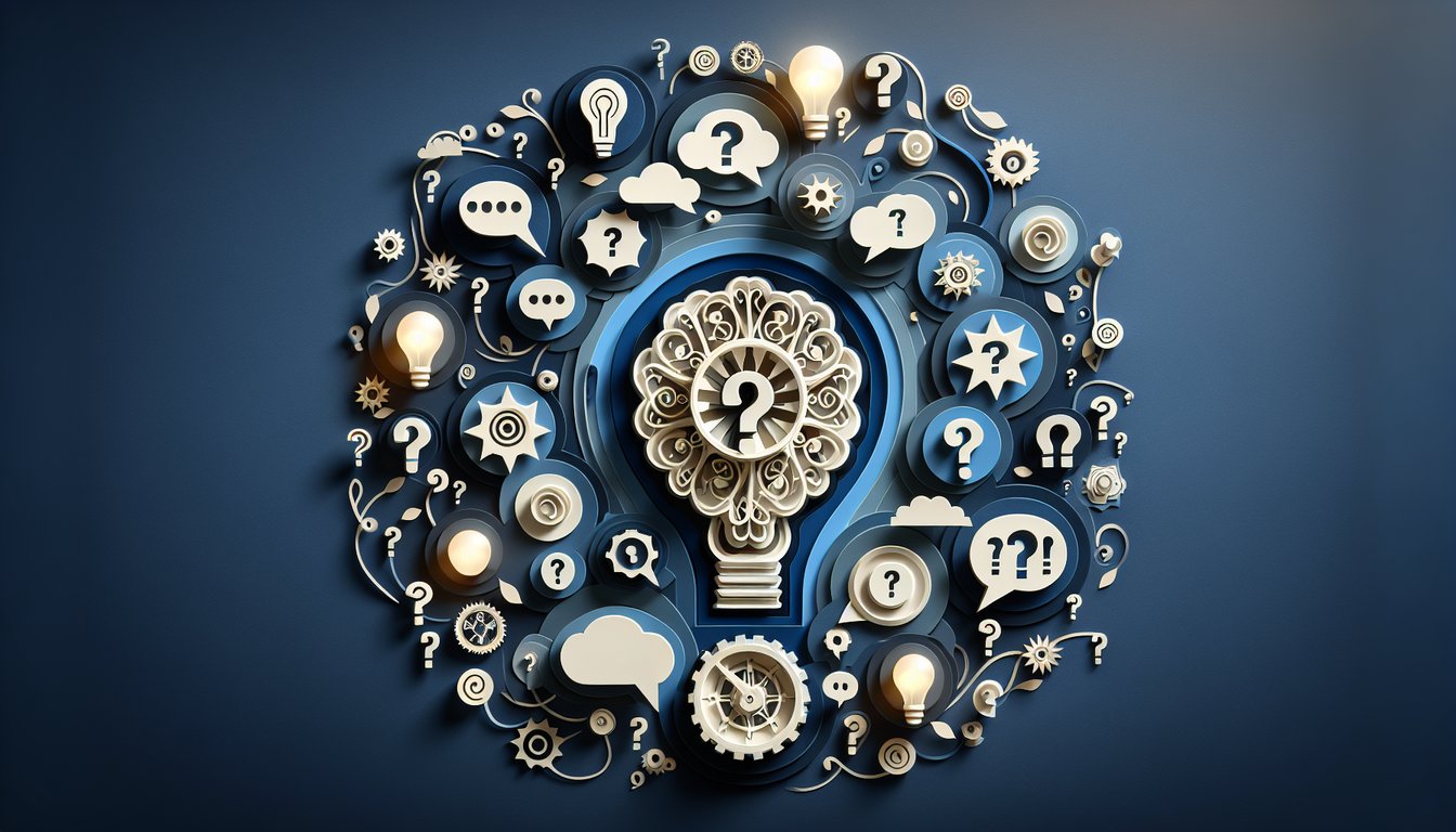 Paper art illustration showing letters and question marks swirling on dark blue background for a name quiz