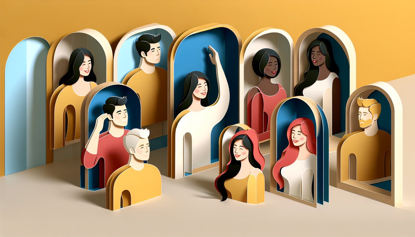 Paper art collage of diverse hairstyles on golden yellow background invites quiz seekers to find their perfect hair color