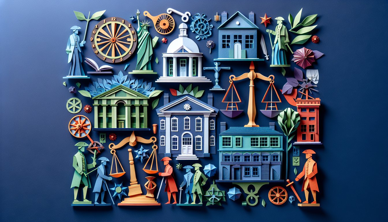Colorful paper art promoting a Colonial History and Civics Knowledge Quiz.