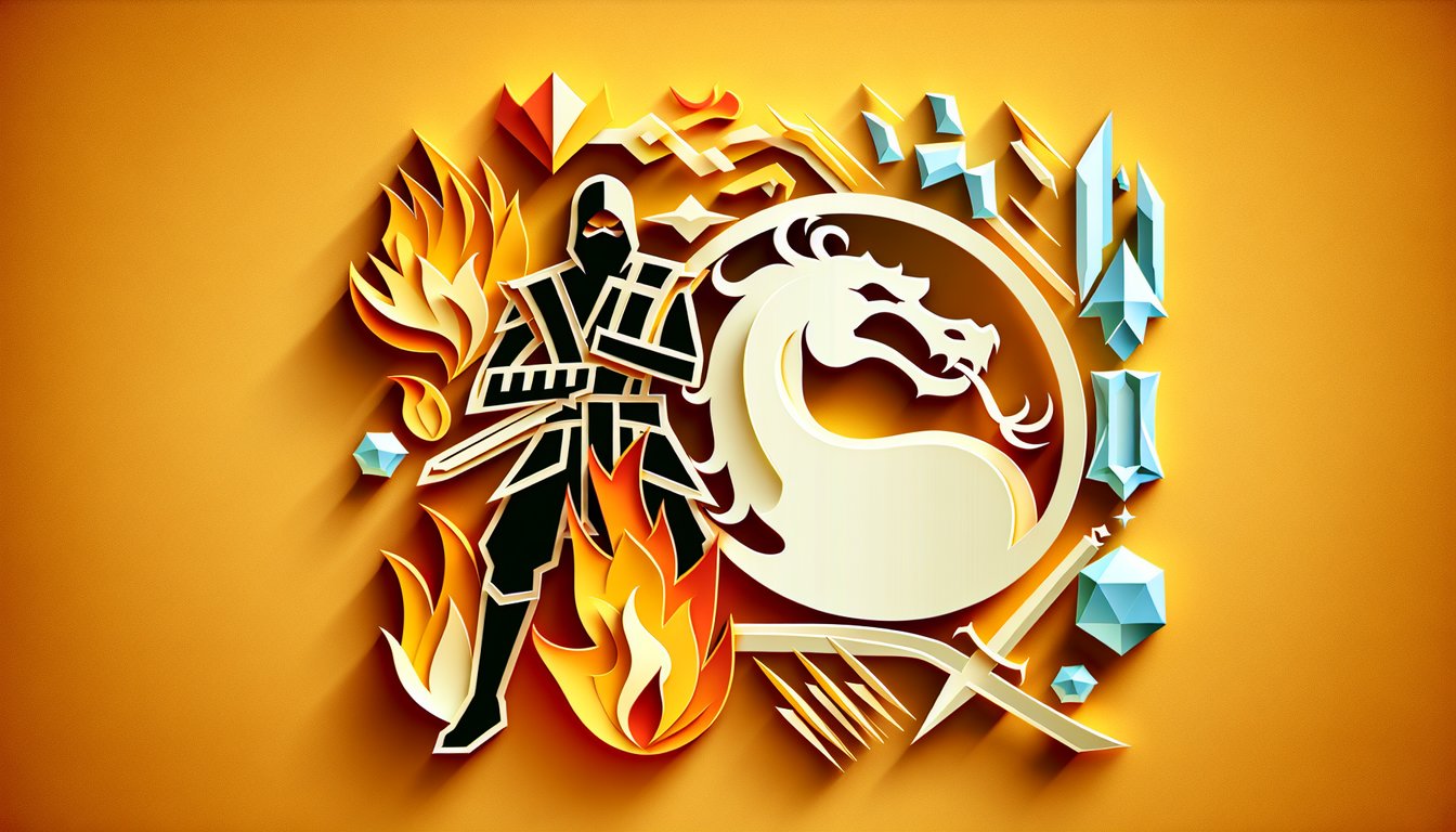Paper art illustration for Mortal Kombat character quiz featuring Scorpion and Sub-Zero on golden yellow background