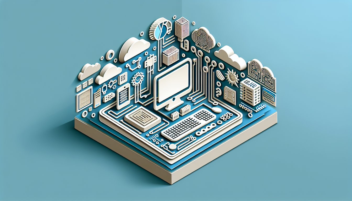 Paper art illustration of computer window with command prompt icons CompTIA A PLUS Core 2 quiz text on sky blue background