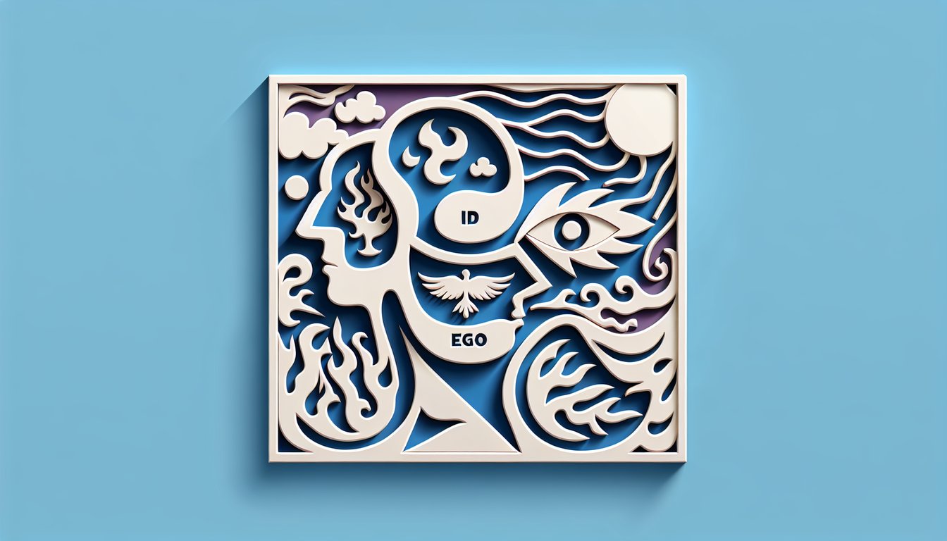 Paper cut brain art showing id ego superego layers on sky blue background