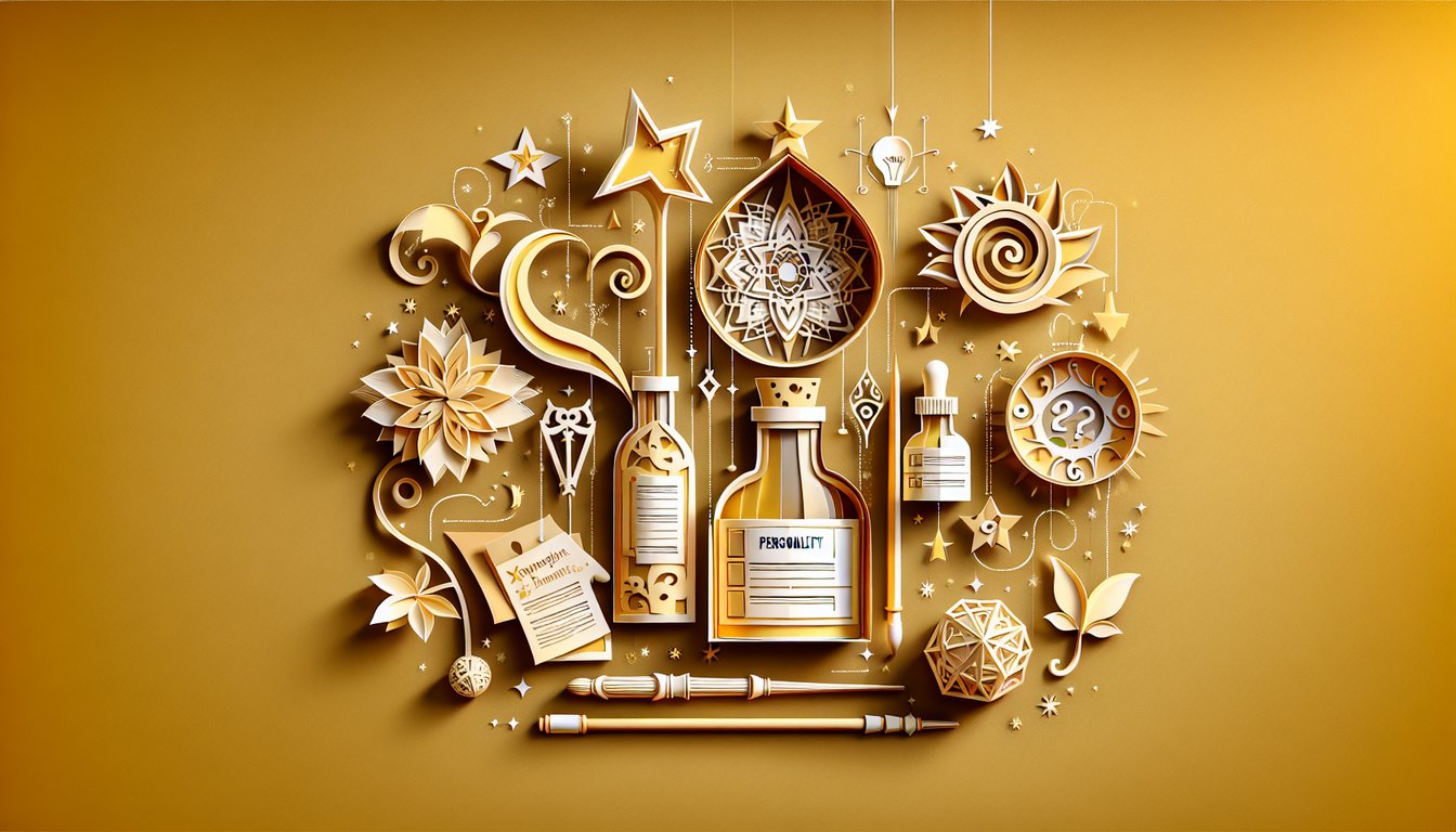 Paper art illustration for Just Add Magic personality quiz on a golden yellow background.